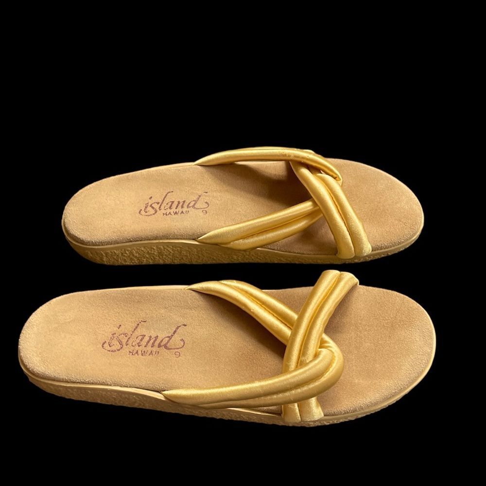 Island Hawaii Gold Fabric Puff Slide Womens Sz 9 Cushioned Slide Slippers